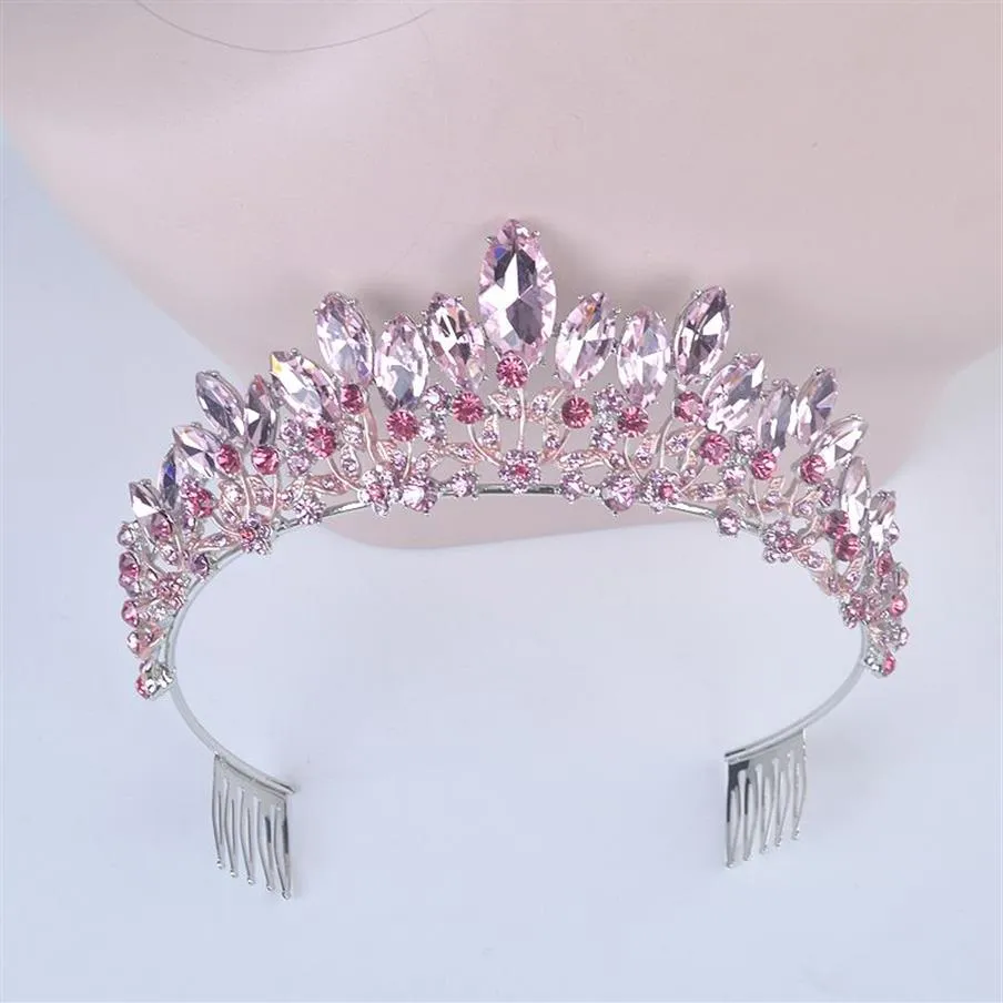 Nueva moda barroca de lujo de cristal rosa corona nupcial Tiaras mujeres diadema Tiaras para niña novia accesorios para el cabello de boda Y200807198d
