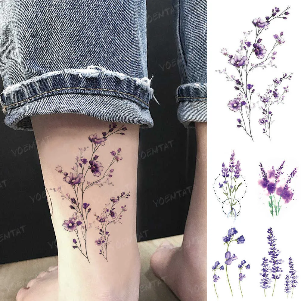 5 PC TEMOSIMAT TATTOOS WODY TEMOSPORTO TATTOO ZKŁADA 3D ABRYKOLOR Realistyczne lawendowe stokrotki Tatto Kobiety mężczyźni Child Skokatka Fałszywe tatuaże Z0403