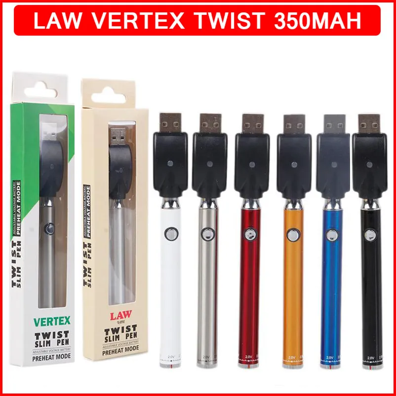 Vertex Law 예열 VV 배터리 바닥 트위스트 350mah vape 펜 가변 전압 USB 충전기 배터리 키트 510 스레드 카트리지