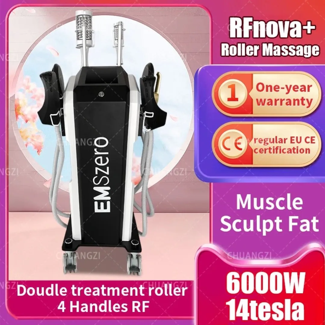 Ny Emszero DLS-Emslim Neo Nova 14 Tesla Hi-EMT-maskin med stimulering Radiofrekvenshandtag Option Roller Massage Beauty Machine
