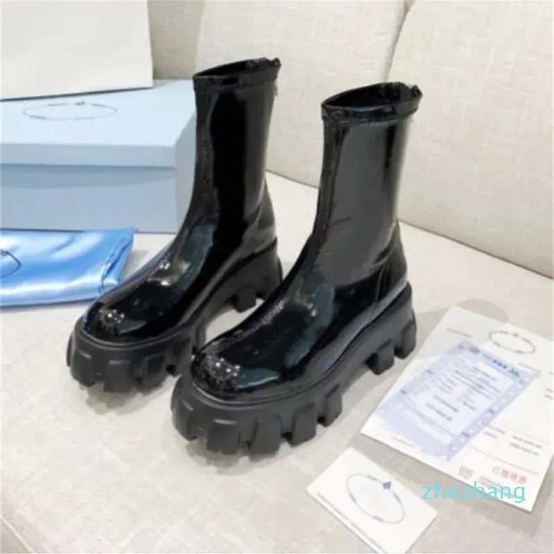 2023-Designers Monolith Chelsea winter Boots Women Patent Leather Platform Ankle Boot Black Pull-on Chunky Combat Booties woman shoes