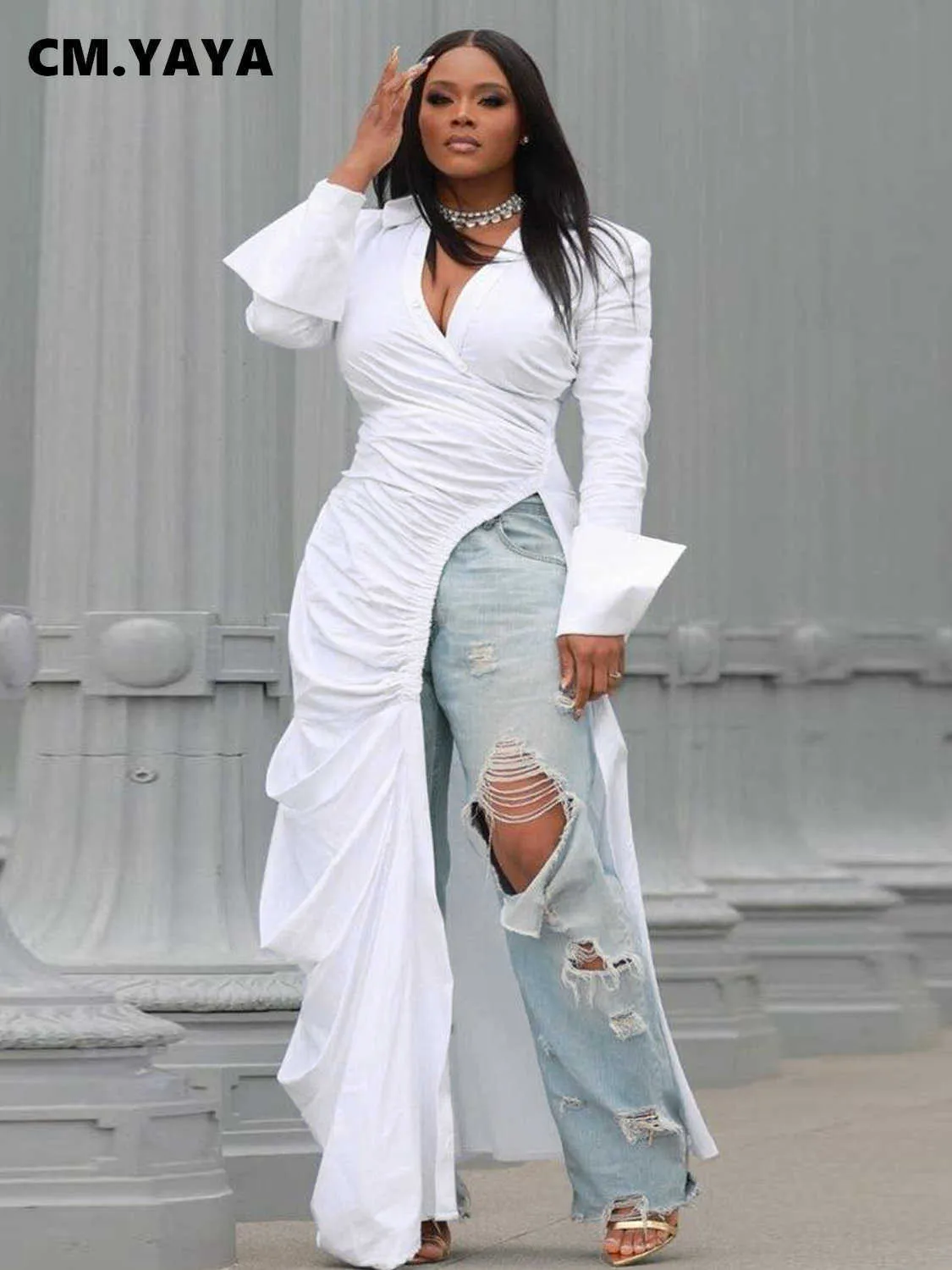 CM.YAYA Vintage Women Long Sleeve High Side Split Ruched Up Wrap Lapel Collar White Maxi Long Dress Fashion Street Dresses