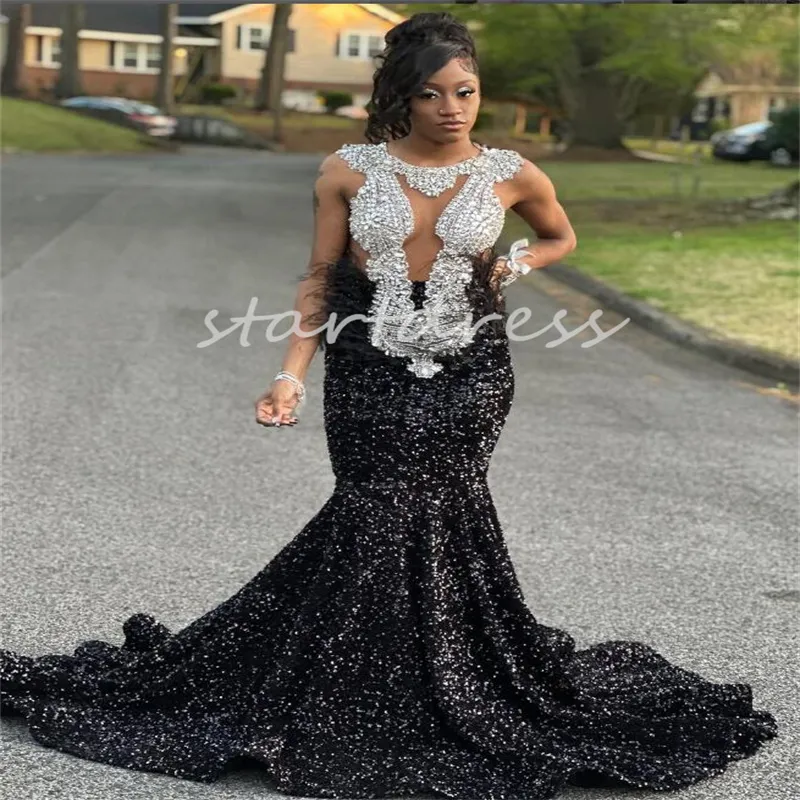 Extravagant Robe De Bal À Paillettes Noires Filles Noires Avec Plume Robe De Soirée De Sirène En Cristal De Luxe Brillant Brillant Fête D'anniversaire Robes De Gala Bling Robe De Soriee