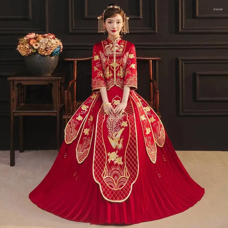 Roupas étnicas Noiva Brinde Casamento Vestido Chinês Phoenix Vestido Bordado Riqueza Auspicioso Elegante Mulheres Homens Tang Terno