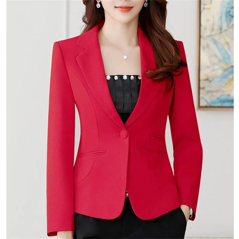 Damespakken Slim Fit Women Blazer 2023 Spring en herfst Korte Red Kleine Suit jas Lange mouw Single Single Button Professional Coat Top H1868