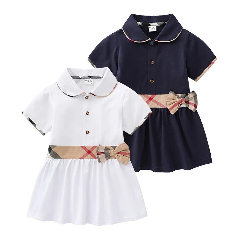 Summer Baby Girls DressWith Bowknot Cotton Kids Turn-Down Collar Short Sleeve Dress Cute Girl Plaid Skirt Children Clothes Age 1-6 Years