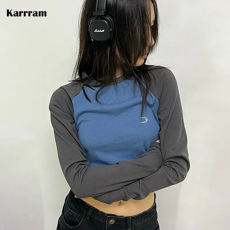 Women's T Shirt Karrram Grunge Patchwork T shirt 90s Vintage Embroidery Tshirt Japanese Harajuku Slim Long Sleeve Tee Shirt Korean Streetwear 230403