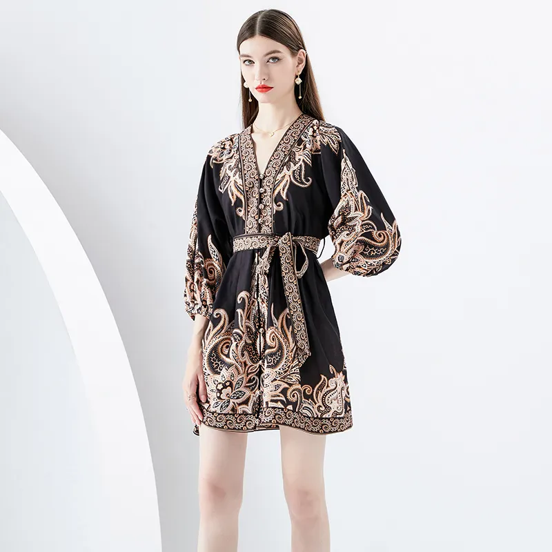 Femme Floral Vacances Noir Mini Robe De Luxe Designer À Manches Longues Col En V Slim Arc À Lacets Taille Vintage Robes De Soirée 2023 Printemps Automne Ajusté Piste Casual Robes