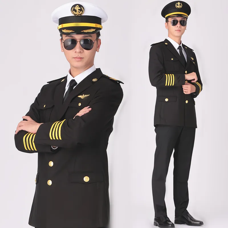 Abbigliamento da palcoscenico Capitano di nave da crociera Uniforme della marina Marinaio Membro dell'equipaggio Cappello nero Cappotto Pantaloni e accessori Uomo Primavera Autunno Completo Yacht da lavoro