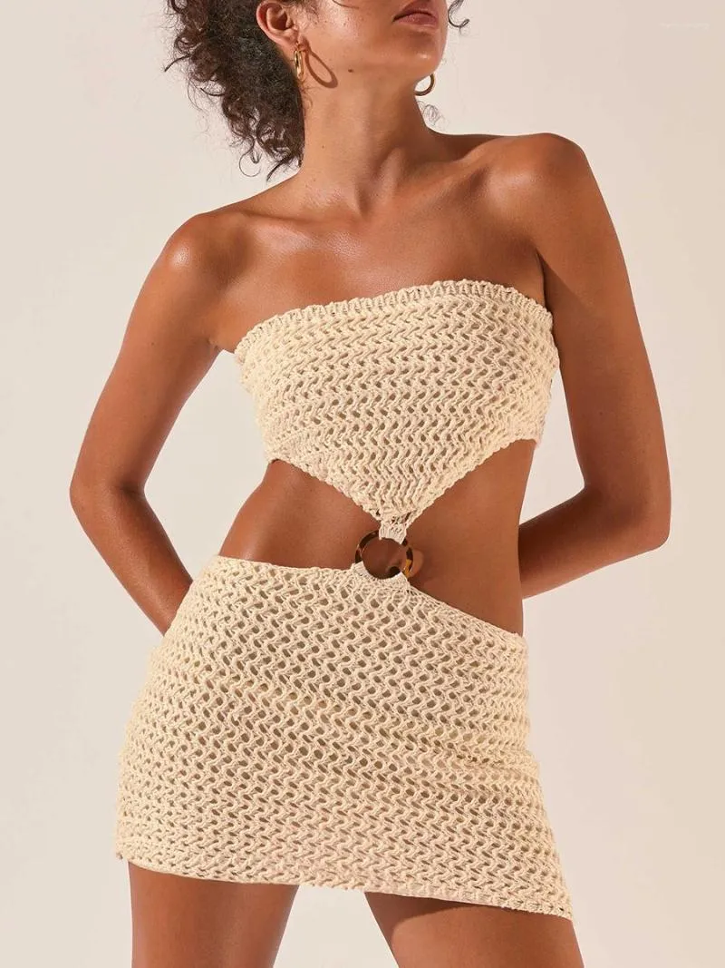 Casual Dresses Women's Summer Short Knit Bandeau Dress Beige Sleeveless Off Shoulder Hollow