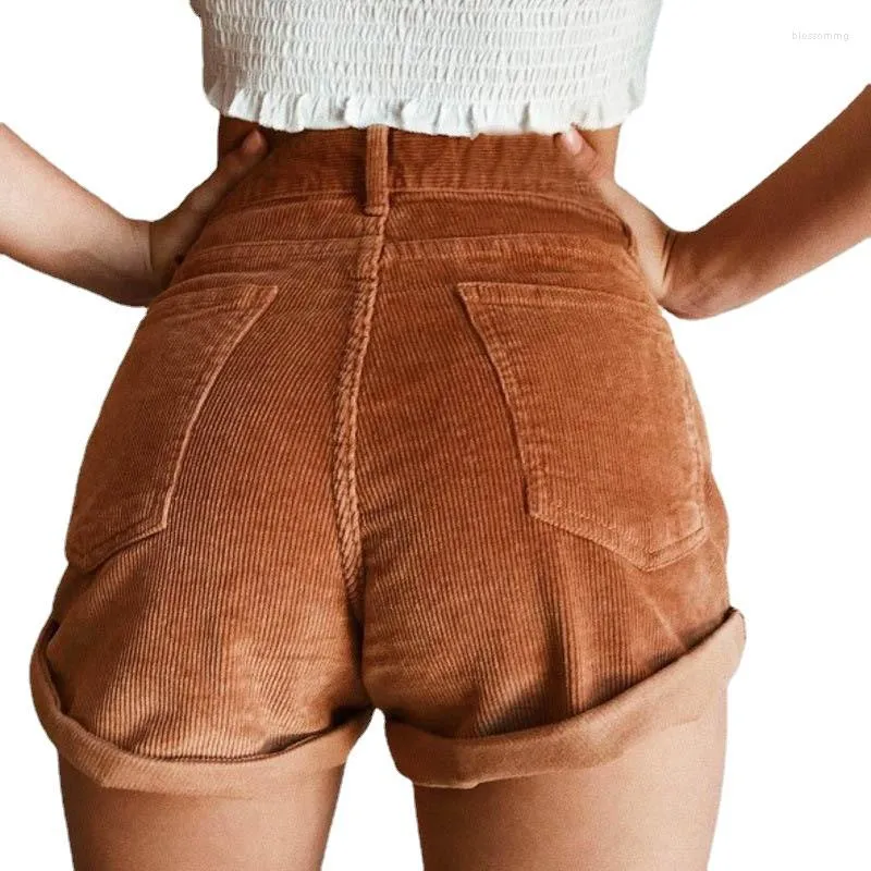 Corduroy voor damescorduroy voor vrouwen solide casual streetwear short met zakken hoge taille manchetten bruine zomer sexy broek
