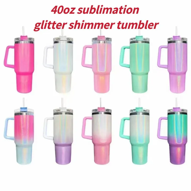 40oz Sublimation Glitter Tumbler med handtag Shimmer Tumbler Rostfritt stål ölmugg med stor kapacitet Isolerad resemugg Resekaffemugg för DIY DHL