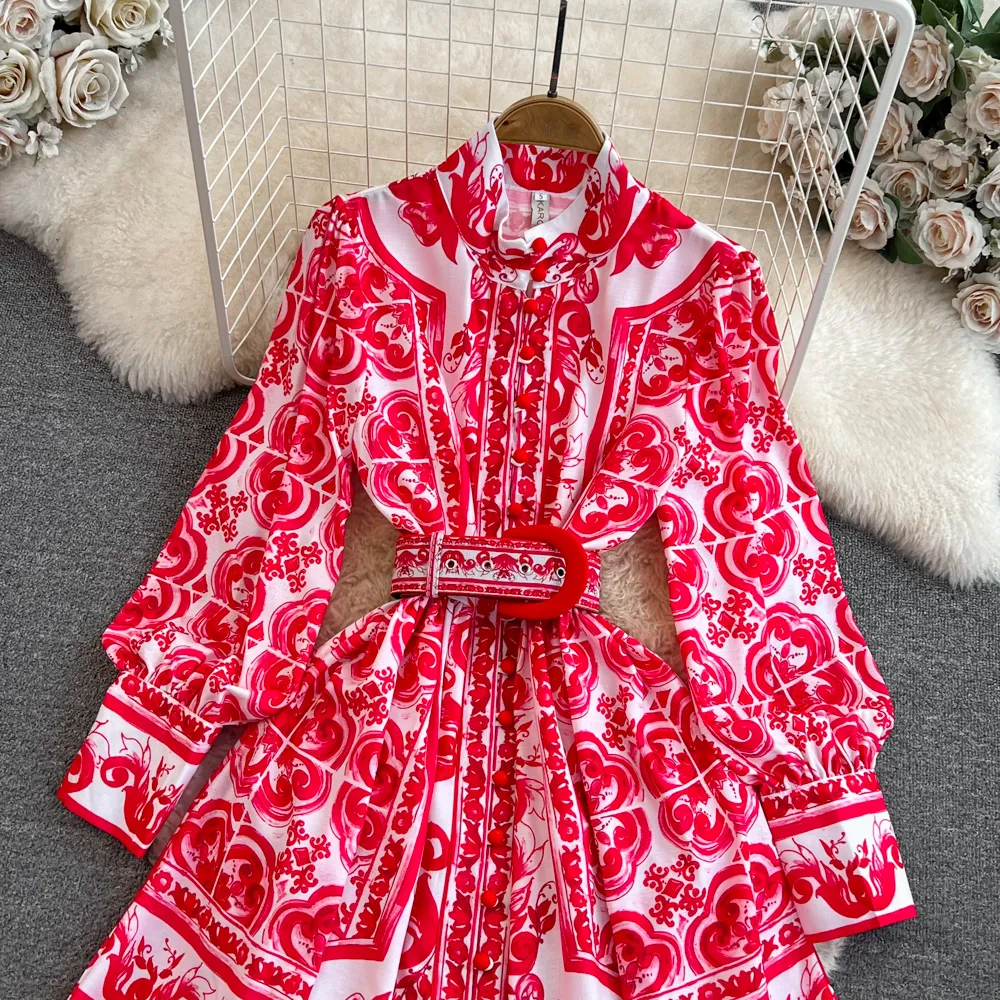 Basic Casual Women Dresses Autumn Vintage Christmas Dress Runway Stand Collar Long Lantern Sleeve Blue And White Porcelain Print Short Party Vestidos 2024