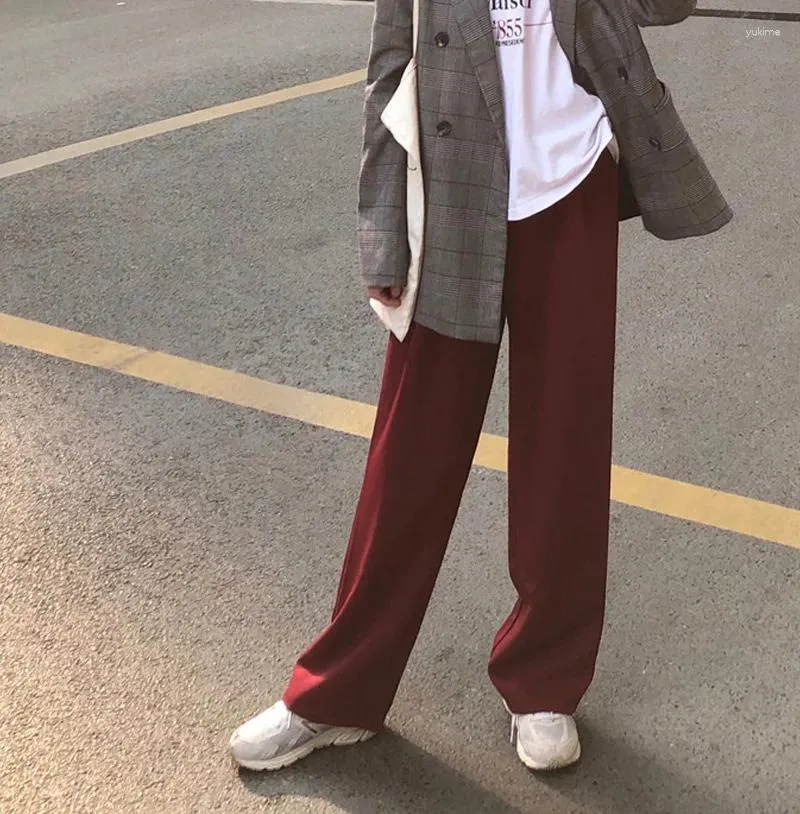 Pantaloni da donna coreano primavera autunno gamba larga allentato dritto abito casual senso verticale pantaloni bordeaux vintage a vita alta da donna