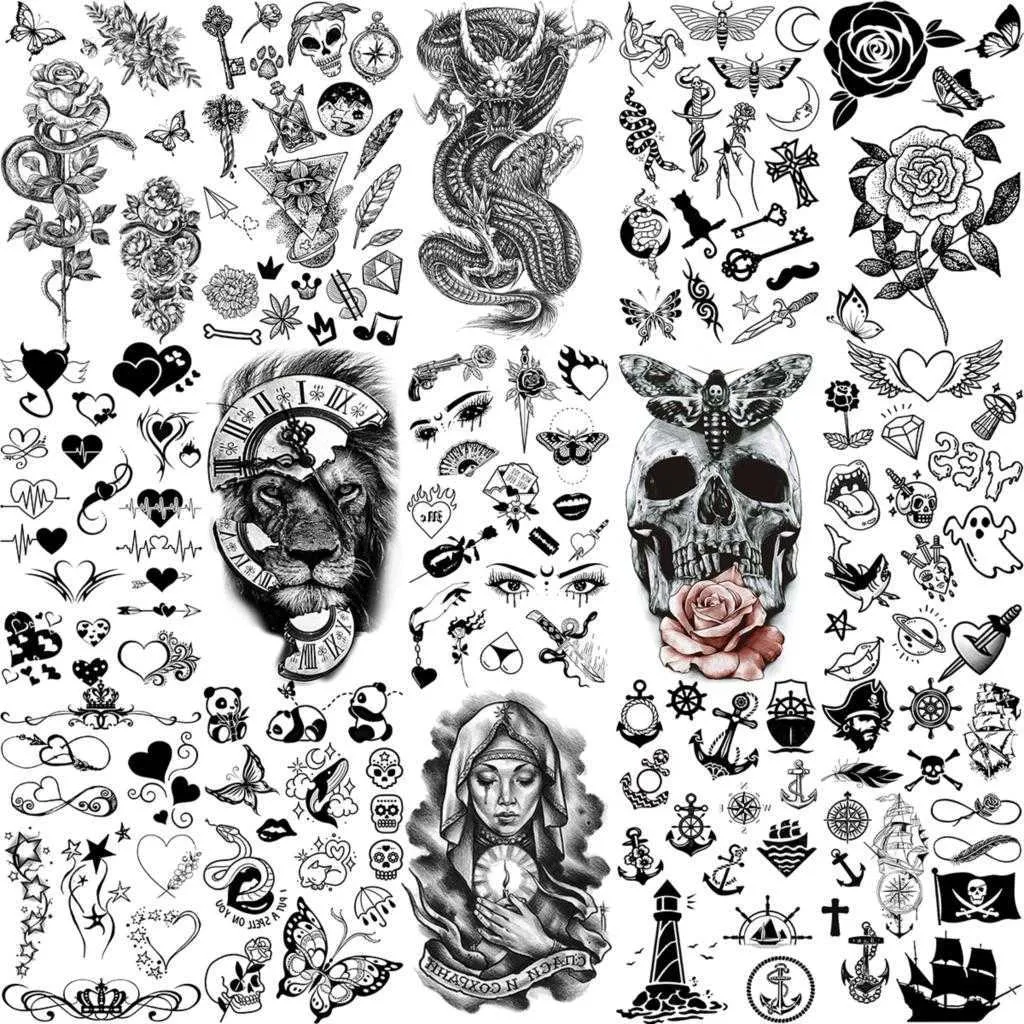 5 PC Temporary Tattoos Pirate Anchor Rose Flower Temporary Tattoos For Women Adult s Lion Skull Dragon Snake Fake Tattoo Neck Arm Hands Small Tatoos Z0403