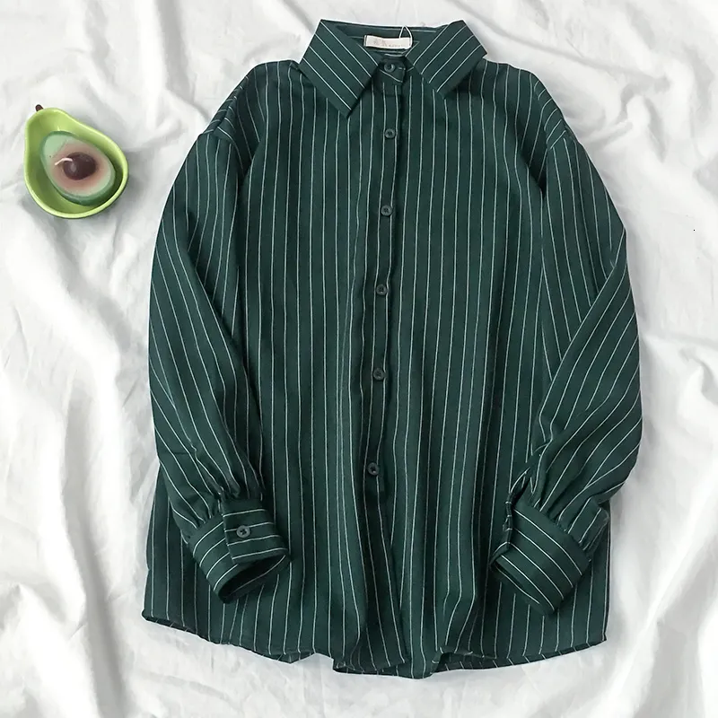 여성용 블라우스 셔츠 가을 빈티지 스트라이프 긴 소매 여성 셔츠 한국 거리 의류 빈티지 버튼 탑 여자 패션 녹색 탑 230404