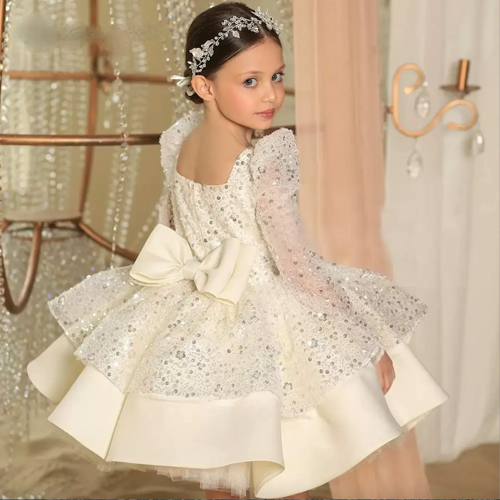Lace Gold Flower Girl Dresses Glittery Sequined Flower Girl Dress With Long  Sleeves For Birthday, Wedding