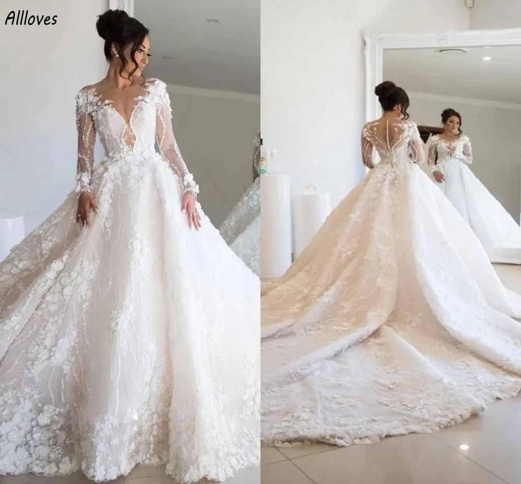 Beautiful 3D Flowers Ball Gown Wedding Dresses With Long Sleeves Arabic Aso Ebi Sheer Neck Floral Lace Bridal Gowns Long Chapel Train Marriage Robes de Mariee CL2887