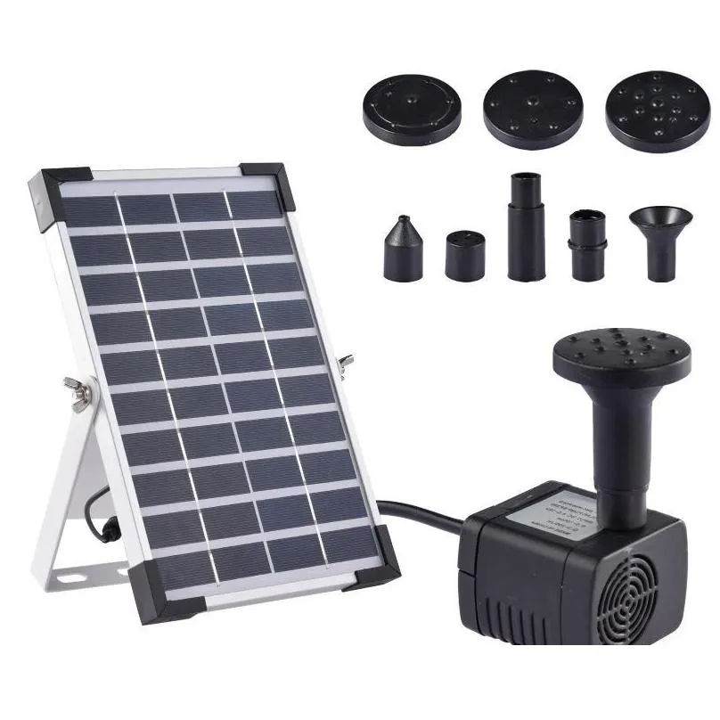 Decorações de jardim Kit de fonte solar 5W para fontes de água de banho de pássaros com painel e 6 bicos ao ar livre Pond Dhm4i