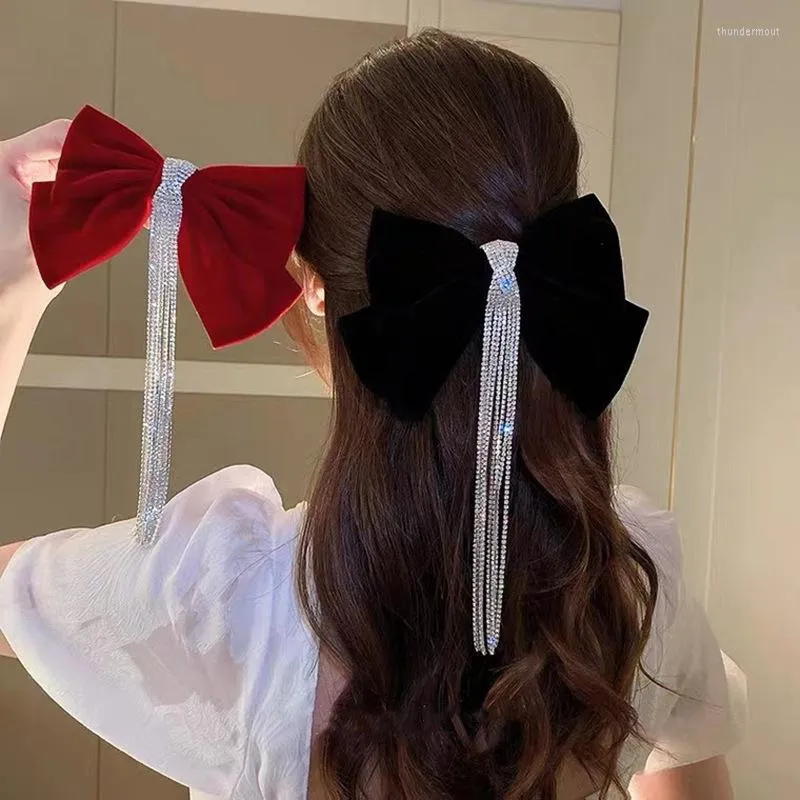 Hair Clips WLP Women Elegant Bow-knot Red Black Velvet Hairpin Luxury Rhinestone Tassel Korean Fashion Wedding Head Wear Accessories