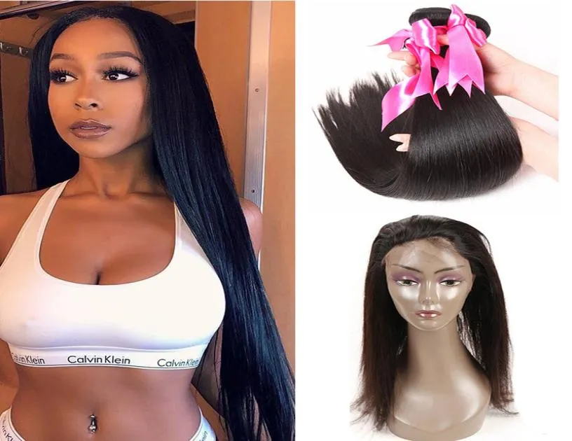 Cabelo humano liso brasileiro tecer com fechamento frontal de renda barato brasileiro pré arrancado 360 renda frontal com cabelo humano virgem 1672388