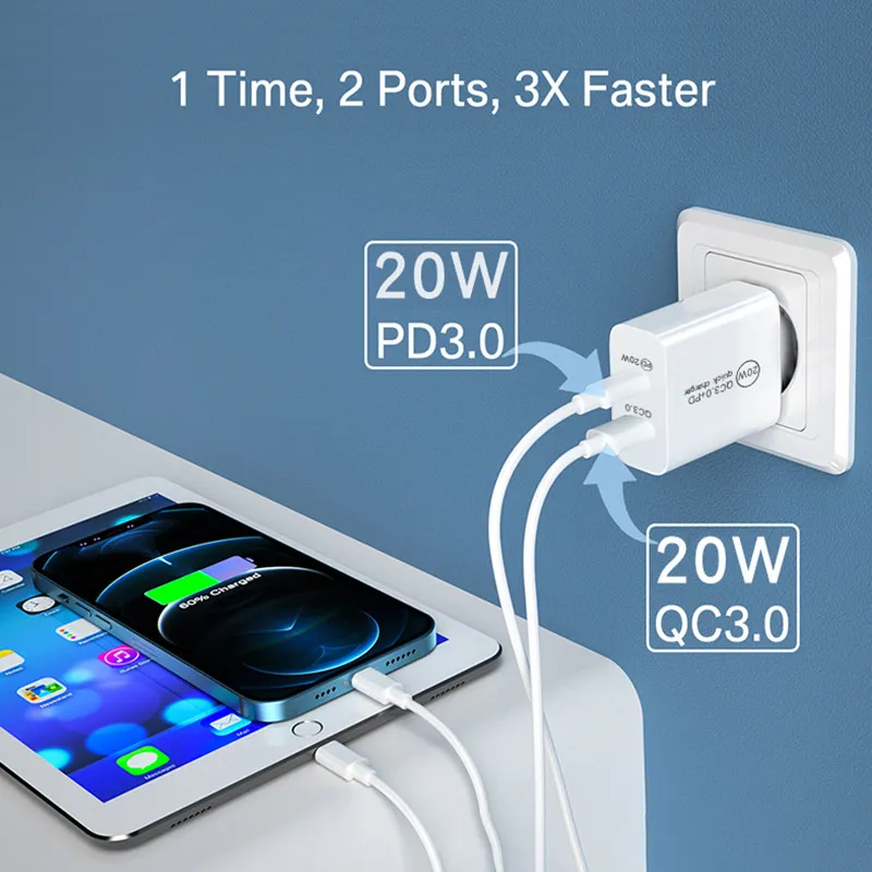 18W 20W PD Type C Quick Charger QC3.0 USB 듀얼 포트 전원 어댑터 iPhone 13 Pro Max 용 고품질 고품질 삼성 S10 S20 스마트 폰