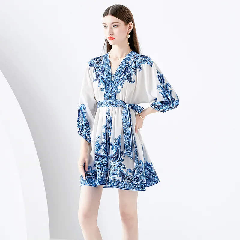 Woman Paisley Floral Vintage Mini Dress Cotton Blend Long Sleeve V-Neck  Slim Bow Lace Up Waist Casual Autumn Dress from Dhgate Runway Dresses -  price 38.91