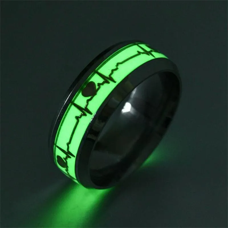 Wedding Rings Commitment Heartbeat Luminous Stainless Steel Ring ECG Glowing Dark Light Alluding Couple Valentine's Day GiftWedding