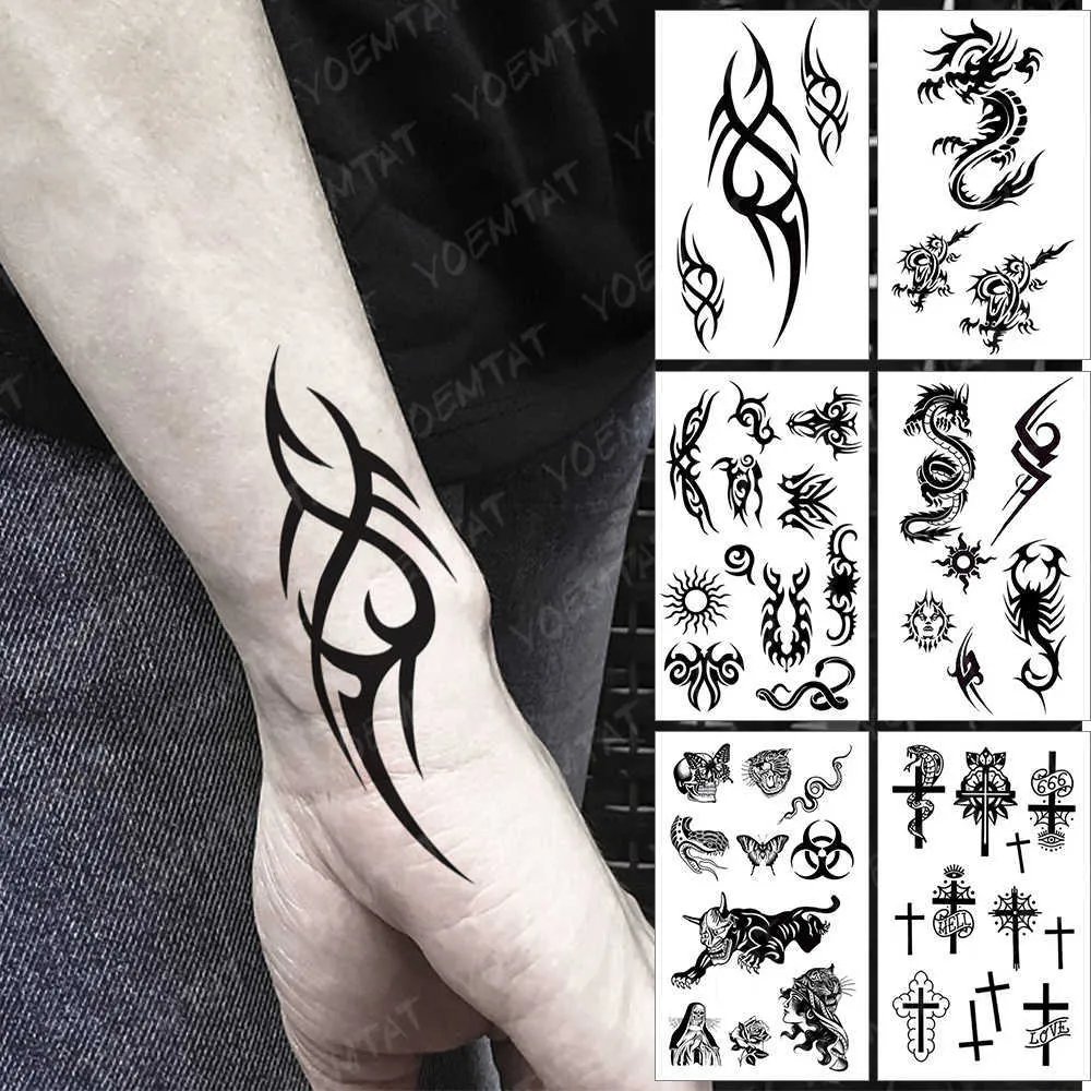 5 PC Tatuaggi Temporanei Impermeabile Autoadesivo Del Tatuaggio Temporaneo Dark Dragon Flash Tatoo Maori Tribal Totem Braccio Polso Tatuaggio Finto Per Body Art Donna Uomo Z0403