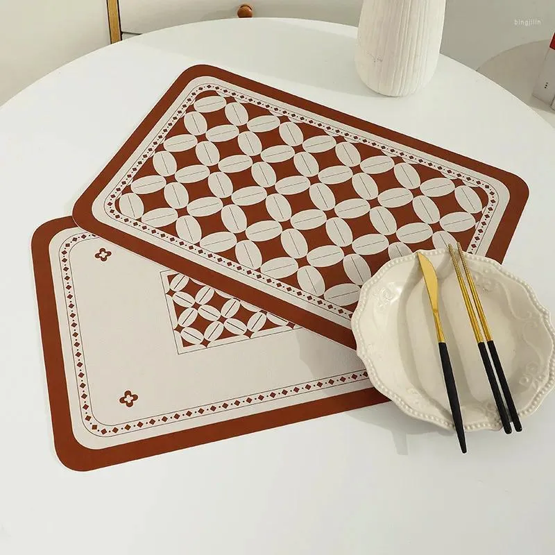 Table Mats American Coffee Bean Pattern Leather Placemat Mat INS Red PVC Waterproof Oilproof Heat-Insulated Bowl Plate Heatproof