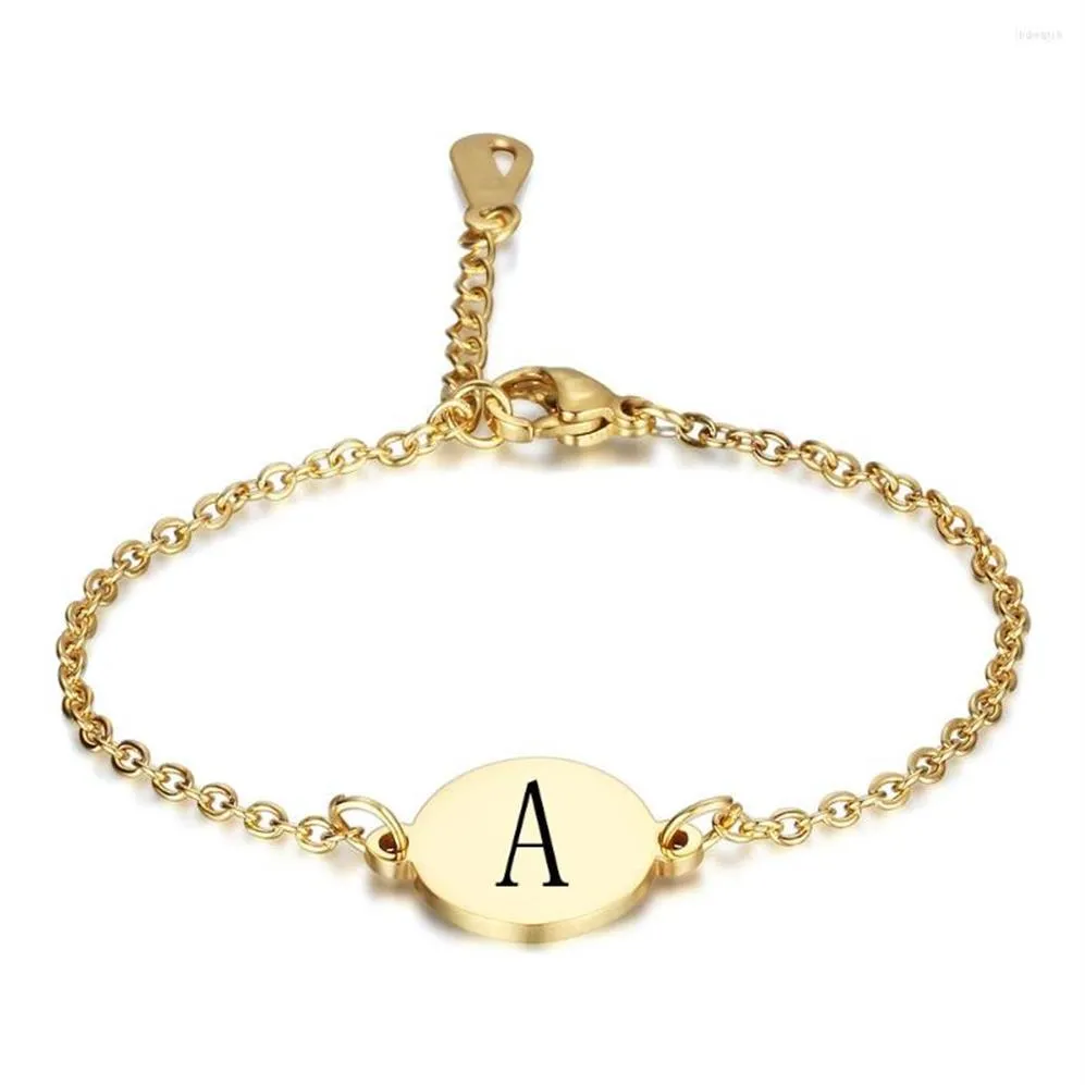 Bracelets à maillons dorés A-Z lettres gravées initiales pour femmes filles en acier titane 26 alphabet pièce ronde bracelet mode bijoux279q