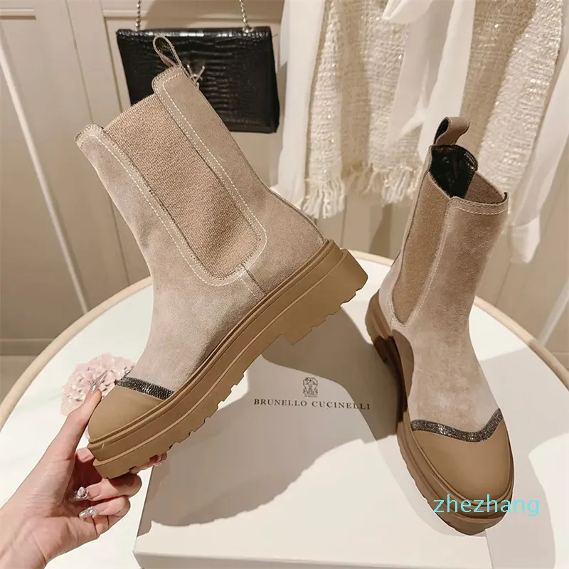 2023-New luxury designer chunky platform mid-calf boots Chelsea boots leather shoes tire short low heel booties heavy duty luxury brands women