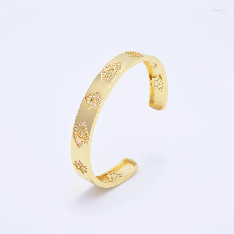 Armreif, goldfarben, Armreifen für Frauen, Teufelsauge, Hand der Fatima, Charms, Schmuck, gepflasterter Zirkon, hohles Herz, Messing, offenes Armband, Zubehör