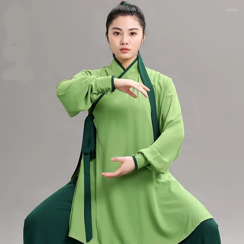 Ropa étnica Verde Tai Chi Uniforme Disfraces de rendimiento Seda Lino Martail Artes Ropa Wushu Traje de guerrero chino Traje