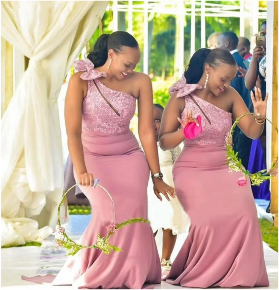 Vintage One Shoulder Blush sequin bridesmaid dresses with Bow, Stretch Satin Sequined Lace, and Mermaid Silhouette - Floor Length Plus Size Wedding