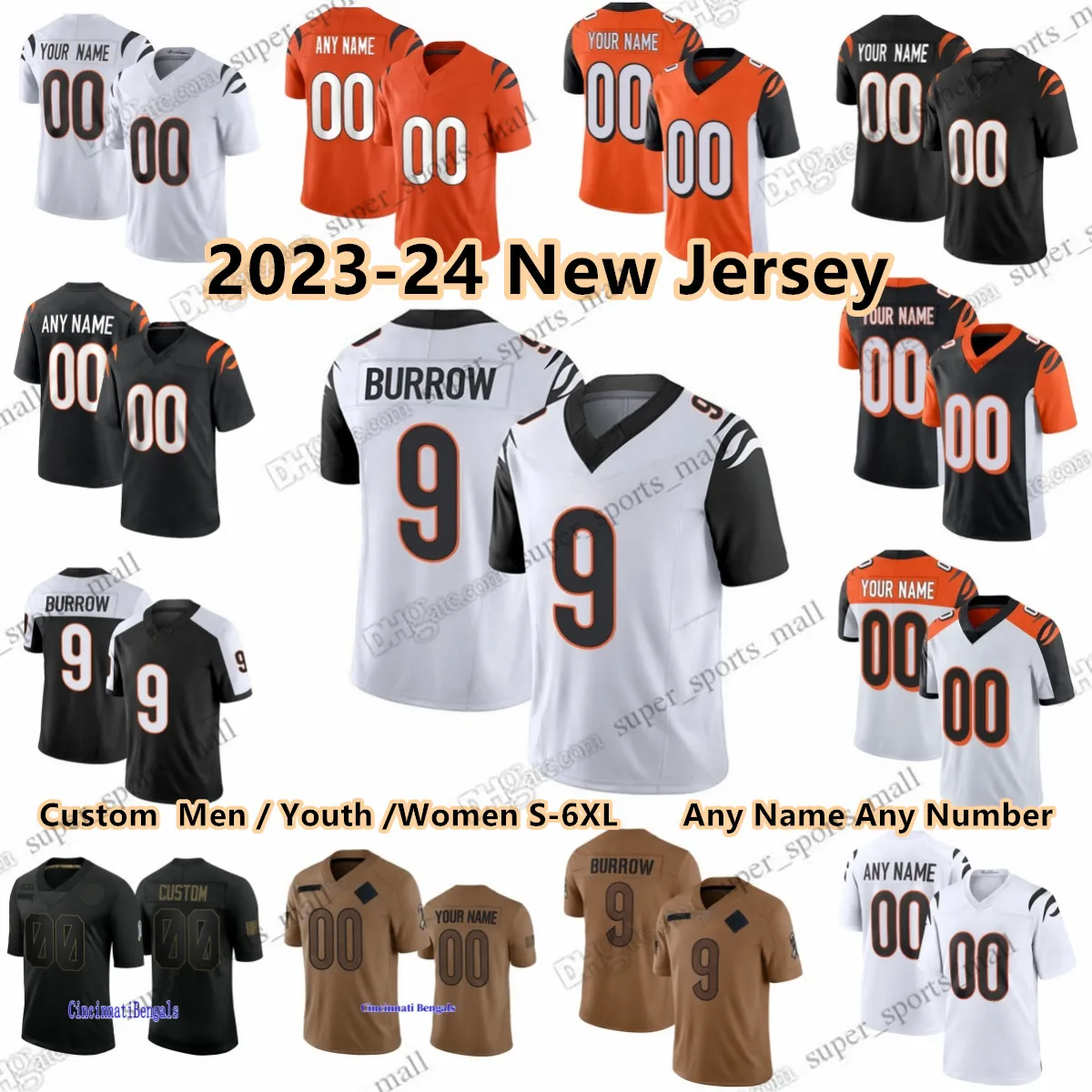 Custom S-6XL DIY 9 Joe Burrow 2023-24 Season Football Jersey Ja'Marr Chase Joe Mixon Tee Higgins Tyler Boyd Logan Wilson Germaine Pratt Trayveon Williams Tee Higgins