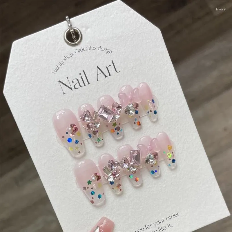 10pcs/Set Handmade Coffin Shaped Artificial Nails With Pink Blush