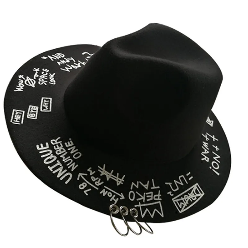 Cappelli a tesa larga Cappelli a secchiello Cappello Fedora piercing lettere graffiti cappello di lana stile coreano uomo e donna cappello a tesa larga cappello jazz britannico hip hop invernale 230403