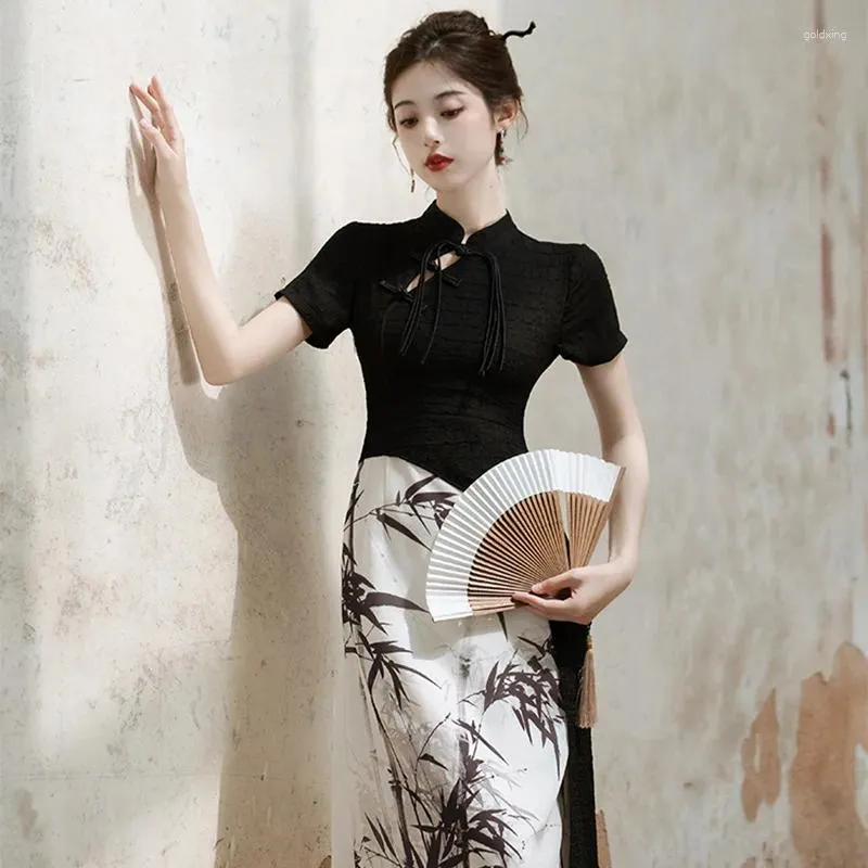 Abbigliamento etnico Stampa inchiostro Cheongsam di bambù Stile cinese Abito Qipao da donna Abiti sexy lunghi slim con colletto alla coreana con bottoni vintage
