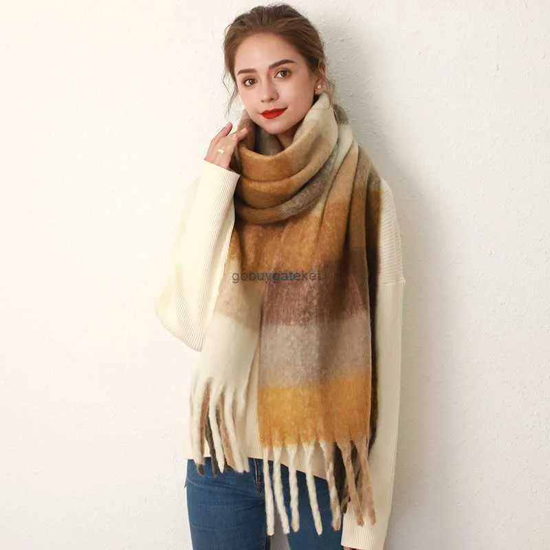 Scarves Korean version av Dongmen AC Plaid Scarf Soft Waxy Thicked Autumn and Winter New Mohair Imitation Cashmere för Women2LBZ