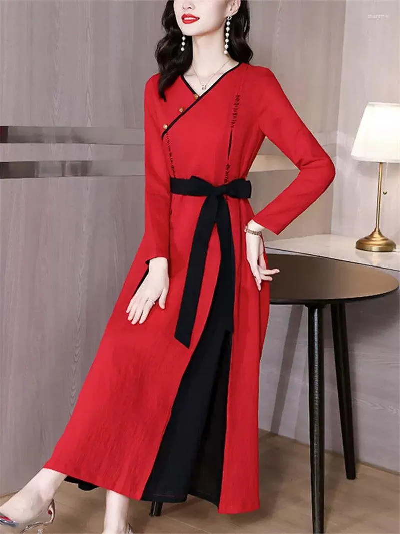 Casual jurken verbeterden Cheongsam -jurk 2023 Autumn dames kleding met lange mouwen katoen en linnen retro elegante mode -vestidos t088