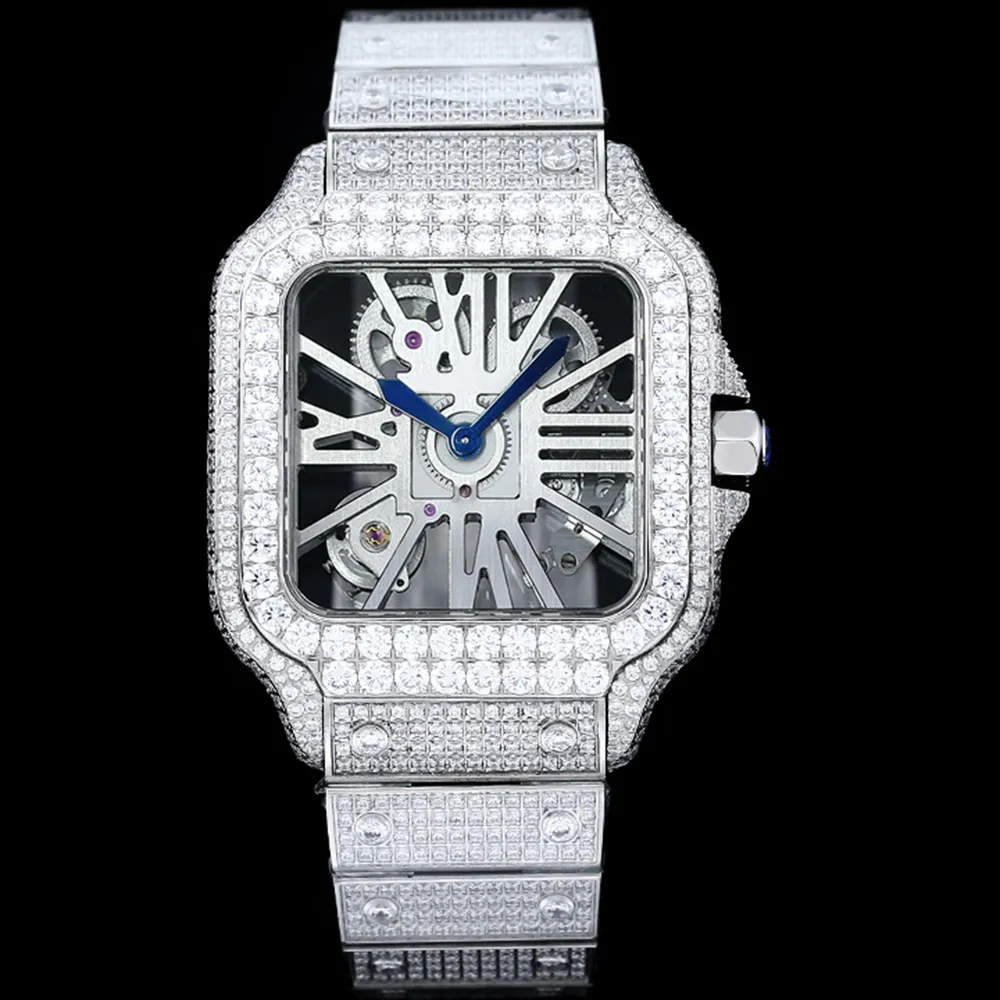 Full Diamond Hollow Out Watch Herr Quartz Movement Watches 39,8 mm med diamantbesatt stålarmband Business Armbandsur Montre de Luxe