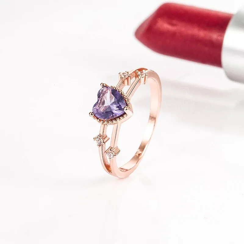 Mode Rose Gold Imitation Amethyst Ring Luxury Heart Shaped Crystal Zircon Ring Cute Exducite Petite Lady Jewelry