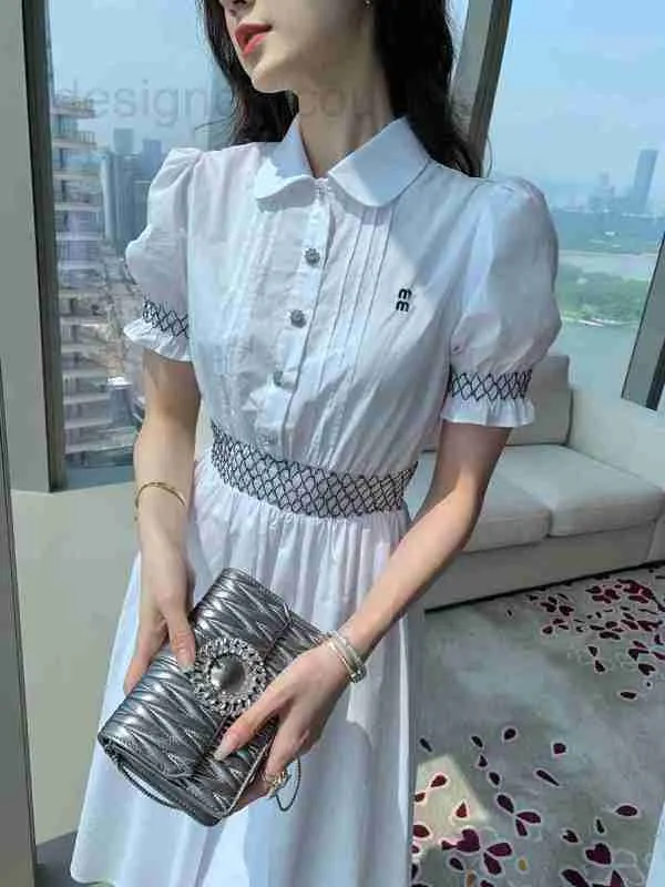 Grundläggande avslappnade klänningar Designer Luxury M Little Bunny's Summer New 2023 Elastic Waistband Rhinestone Button Lapel Bubble Short Sleeve Dress N8OW