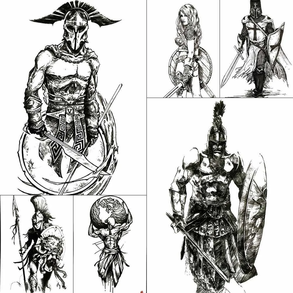 5 PC Tillfälliga tatueringar stora coola Spartan Warrior Temporära tatueringar för män pojkar Ancient Gladiator Fake Waterproof Big Arm Tattoo Stickers Ares Mars Z0403