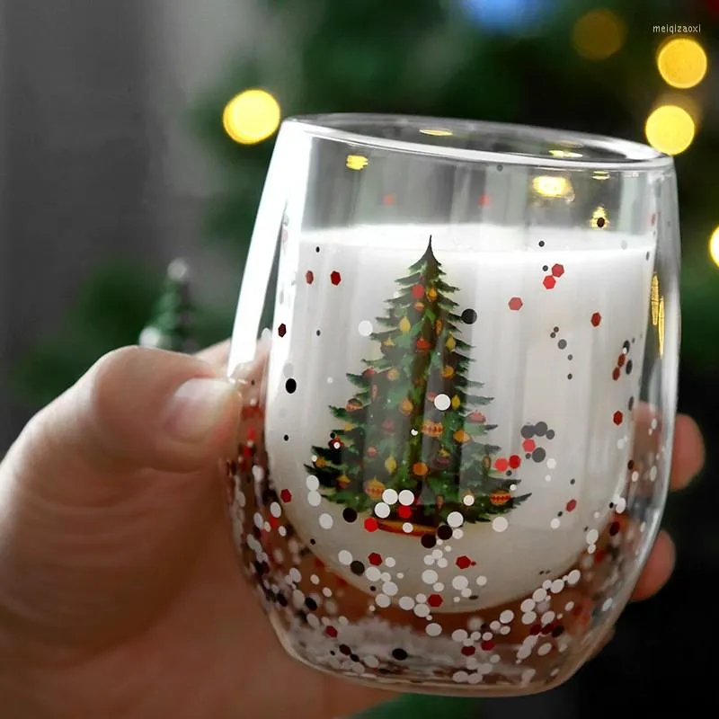 Wine Glasses 300ml Glass Cup Christmas Tree Mug Heat Resistant Double Layers Water Milk Juice Coffee Flowing Sequin Holiday Gift