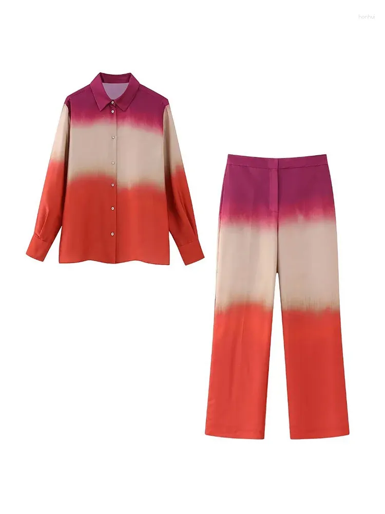 Dames Tweedelige Broek Dames 2023 Modieus Tie-dye Losse Blouses Vintage Lange mouwen Met knopen Vrouwelijke shirts Blusas Chic Tops Hoge taille