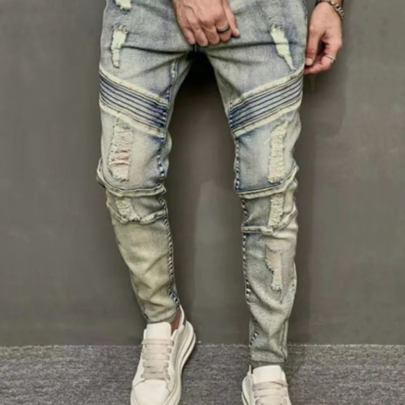 Trendy European & American Street Fashion Ripped Jeans For Men For Men With  Wrinkle Reduction, Slim Fit, And Broken Hole Design X0621 From Nickyoung01,  $10.65