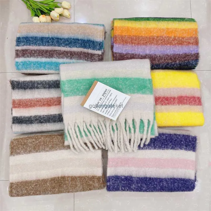 Scarves the New Version of Ac Japan and South Korea Universal Horizontal Bar Rectangular Plaid Tassels Warm Thickened Rainbow Net Red ScarfI6W6