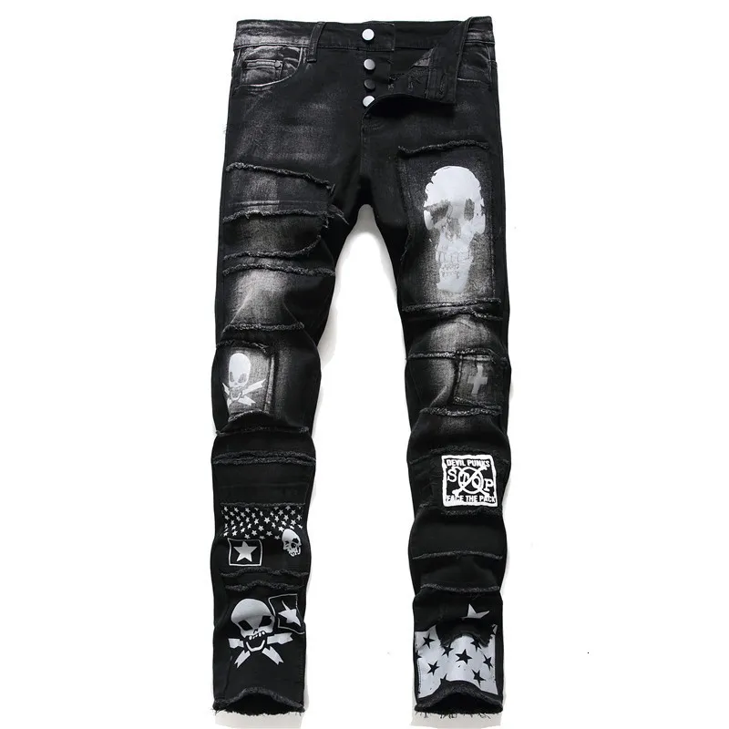 Jeans pour hommes, pantalon en Denim, imprimé tête de mort, tendance, haute qualité, slim, noir, mode de rue, Sexy, quotidien, décontracté, 230404